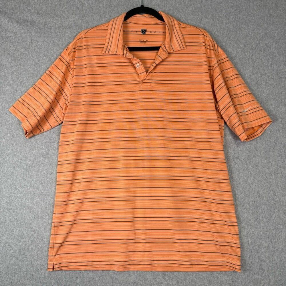 Nike Dri Fit Mens Size Large Golf Polo Shirt Orange Blue Stripe Short Sleeves